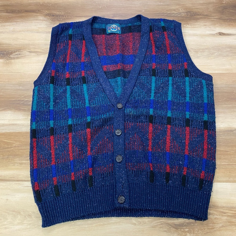 Jantzen Sweater Vest Large Vintage Plaid Knit Button Front Blue Red USA Made 90s